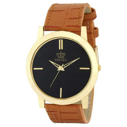 SMAEL Slim Series IGP Gold Slim Case Analog Black Dial With Brown Strap For Men-(CSM32)