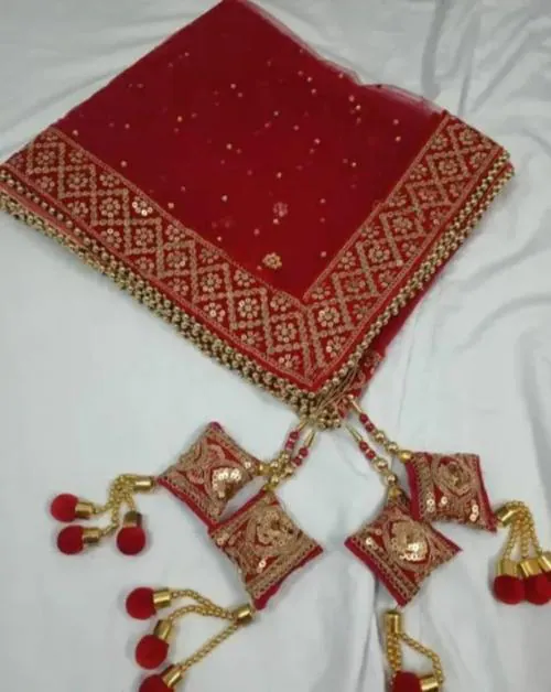 SIDHANT CREATIONS RED SEQUENCE CHECK BORDER BRIDAL DUPATTA