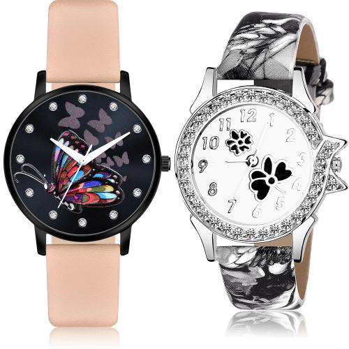 GROOT Latest Gift Butterfly And Flower Dimond Orange And Black Colour Analog Genuine Leather Belt 2 Watch Combo For Women And Girls - GM377-G408