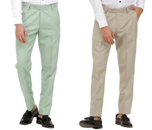 KUNDAN Men's Poly-Viscose Blended Olive Green & Light Cot Brown Pack of 2 Formal Trousers