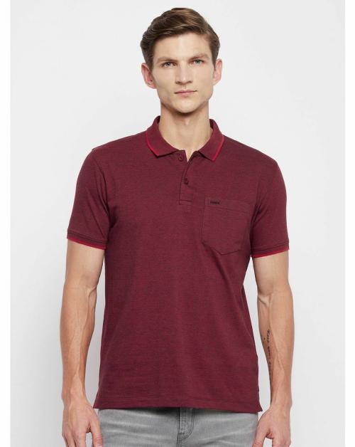 Adobe Men Maroon Melange Solid Polyester Cotton Polo Neck tshirt