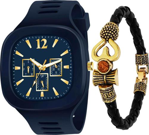 Just Like Designers Stylish Analog Wrist Watch and Mahadev Bracelet Combo for Men Pack of 2 (Blue)