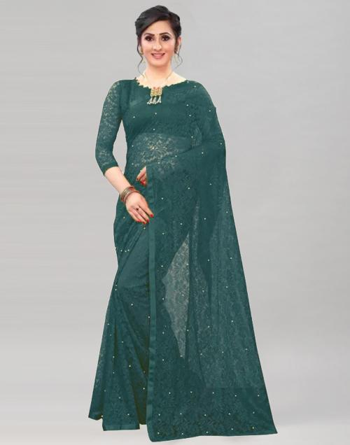 Siril Net Green Color Net Saree with Blouse piece | sarees for Women| saree | sarees