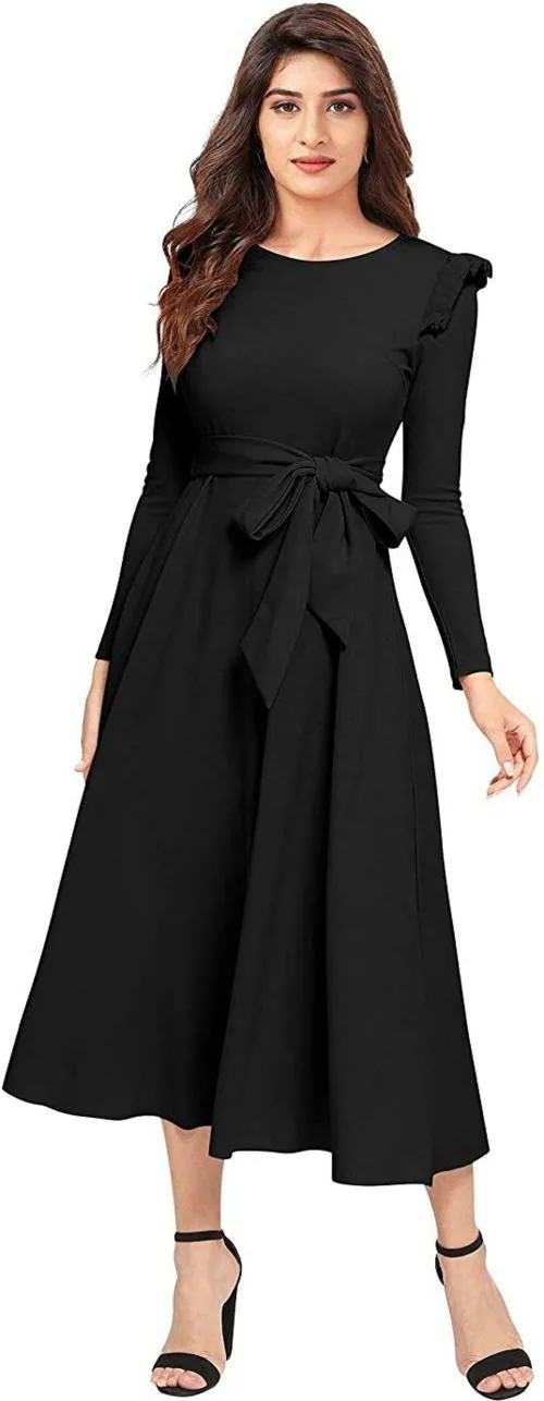 Classy Fashion Women Black Solid Polyester A-line Dress (M)