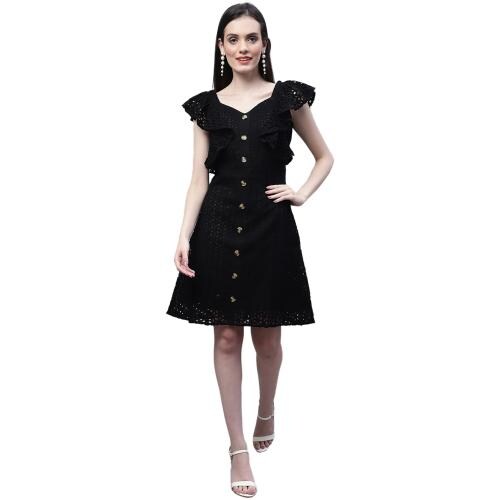 Marc Louis Flutter Sleeve Ruffled Fit & Flare Schiffli Dress ML 2669 BLACK DRESS-XXL