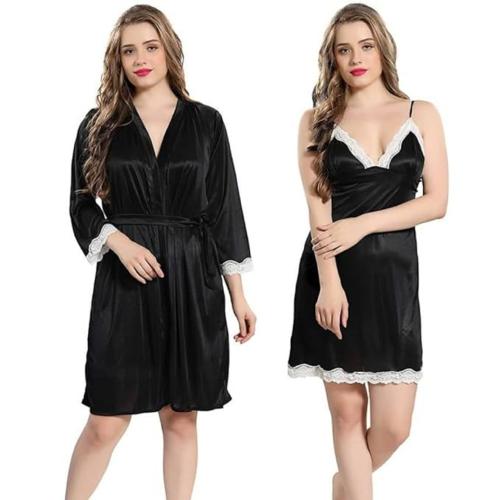 KRISHNA LADY FAB Women's 2 Pcs Satin Comfortable Attractive Loungewear Night Dress with Robe(Black)