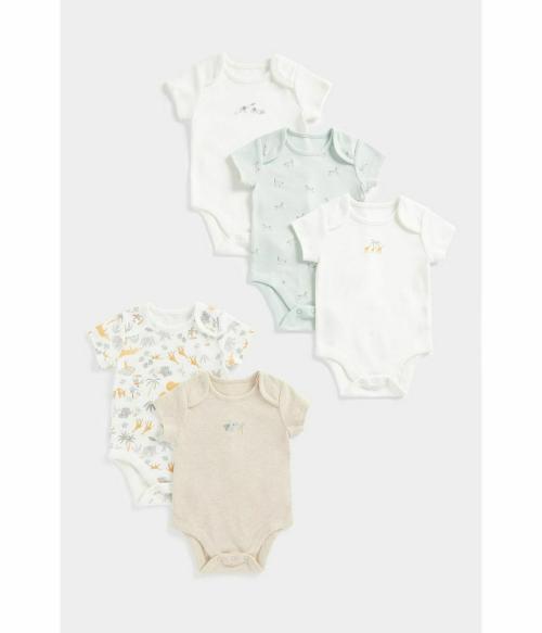 Mothercare Unisex Half Sleeves Little zoo print Bodysuit-Pack of 5-Multi