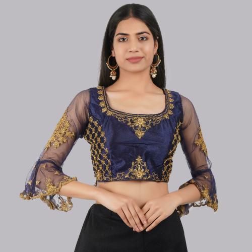 Trendzmy Women Navy Blue Embriodered Silk Blend Round Neck Blouse, Free Size