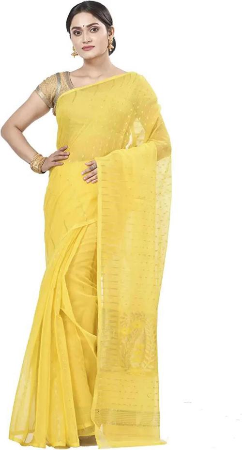 Lookslady Women Yellow Cotton Blend Self Design Jamdani Saree
