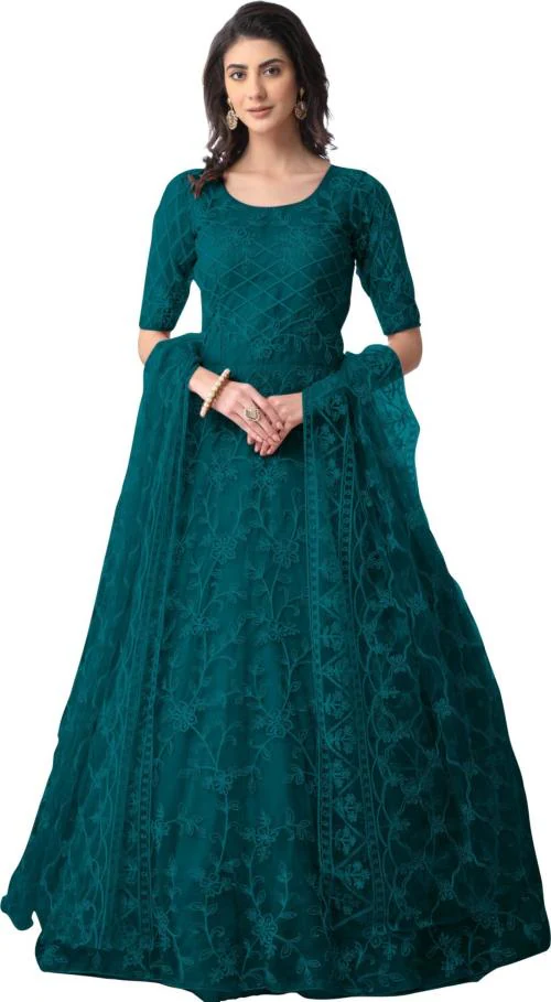 Vaani Creation Women Green Net Anarkali Gown Dress - Free Size