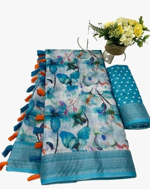 Planborn Women's Linen Floral Printed Saree With Blouse Piece