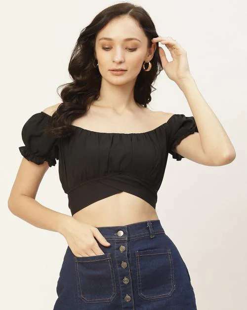 Buy Black Solid Crop Top with Knot Online at Best Prices in India