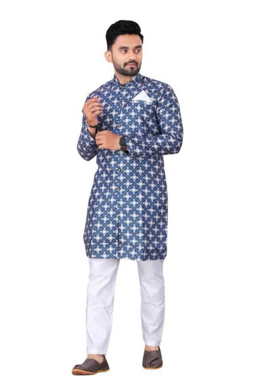 Hirvi Creation Men Blue Digital Printed Kurta Pyjama Set - L