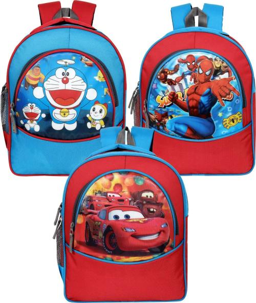 Bayo Red, Blue & Grey | Polyester | Doreamon, Car & Spiderman School Bag | Pack Of 3