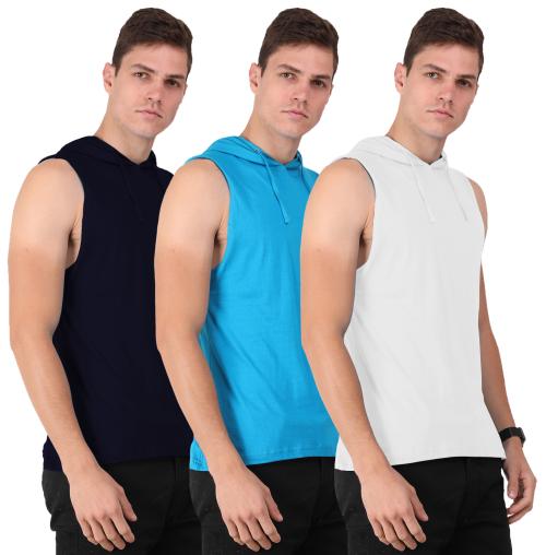 THE BLAZZE Men's Cotton Hooded Sleeveless Gym Tank Gym Stringer Tank Top Muscle Gym Bodybuilding Vest T-Shirt Combo Pack of 3