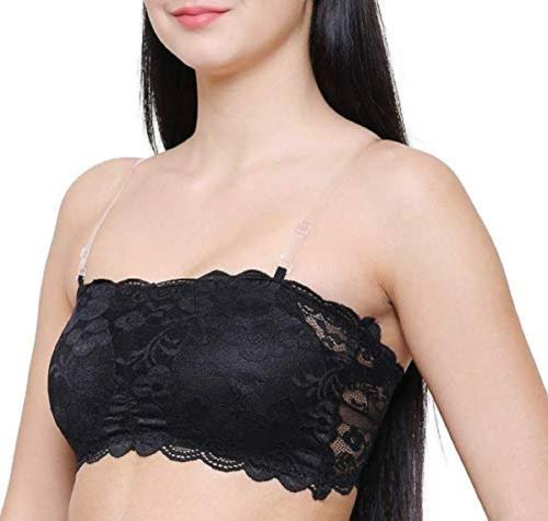 MIXCART Women's Lace Tube Strapless Padded Bra Wire Free Bra Everyday Wear Bandeau Net Bra ( Pack Of 1 ) , Black