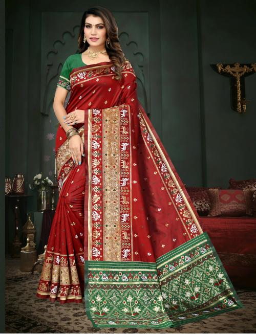 SWIFFIN Trending Litchi Silk Patola Red & Green Saree For Women/Women Saree With Unstitched Blouse-PATOLA BUTTI-RED