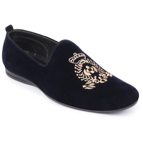 FAUSTO Men Blue Velvet Embroidery Design Party Casual Loafer Shoes