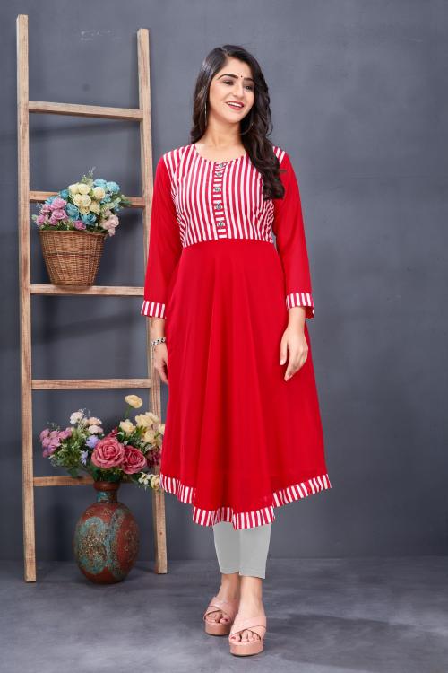 Rudra Fashion Mart Women Red Striped Georgette Anarkali Kurta (L)