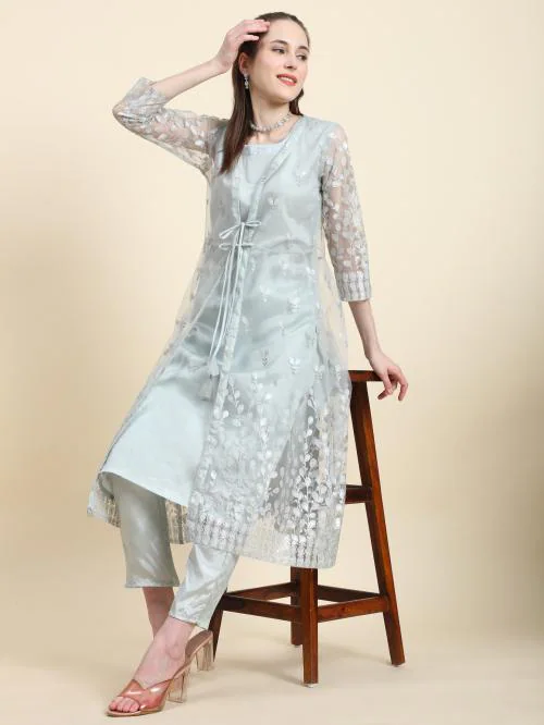 Shree Sheetal Fashion & Art Women's Zari And Foil Printed Ethnic Jacket With Kurti And Pant Set (Light Grey)