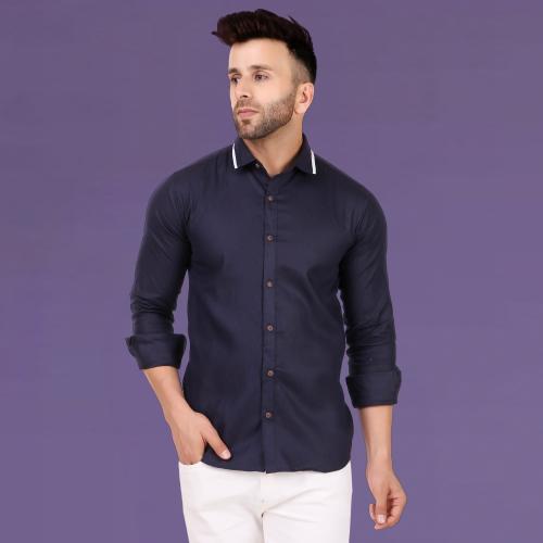 Allan Peter Men Dark Blue Solid Pure Cotton Button Down Collar Casual Shirt