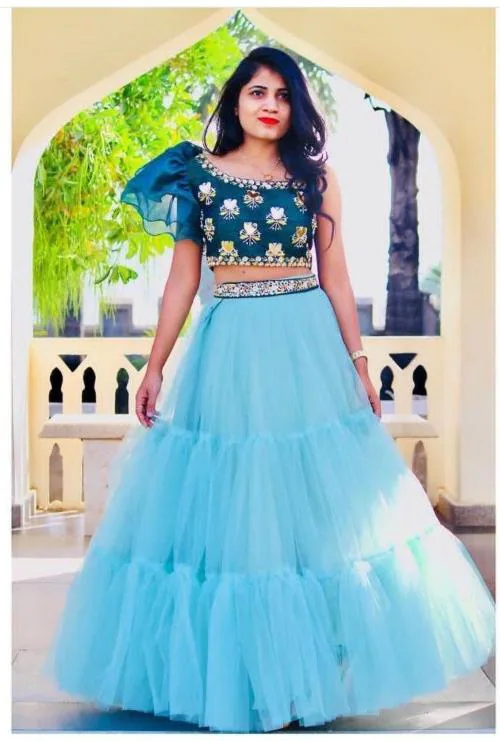 Zaqe Zone Women Light Blue Self Design Net Lehenga Choli