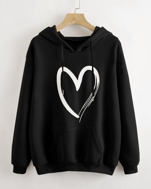 Bestic Fashion Fleece Fabric Front Print Sweatshirt Hoodies for Girl Winter Wear kangaroo pocket shape(Black,S)