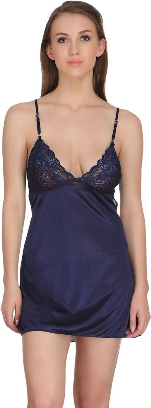 Clovia Blue Solid Satin Babydoll Dress