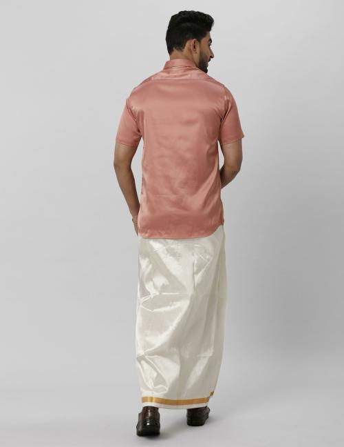 RAMRAJ Men Poly Cotton Peach Colour Shirt Half Sleeves With Double Dhoti