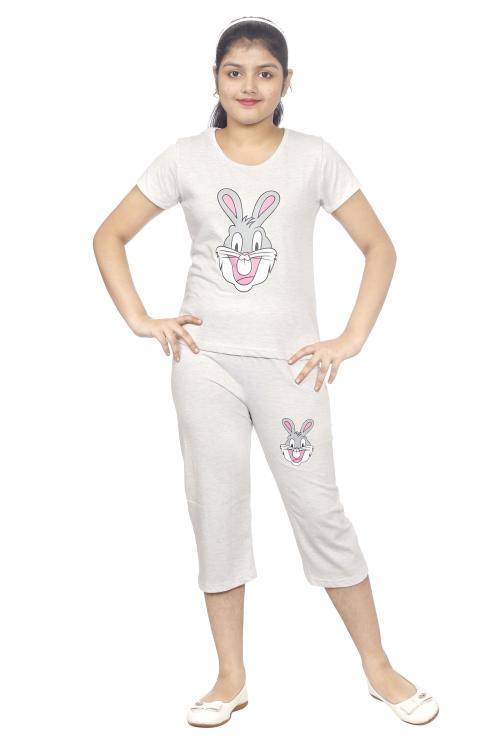 Yashvi Trends 100% Cotton Melange Bunny Printed Nighwear for Kids Girls