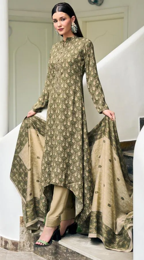 THE JAZZBAAT Women's Unstitched Digital Print Pure Wool Pashmina Fancy Embroidered Winter Salwar Suit Dress Material with Printed Pure Pashmina Shawl Dupatta Free Size (Green)