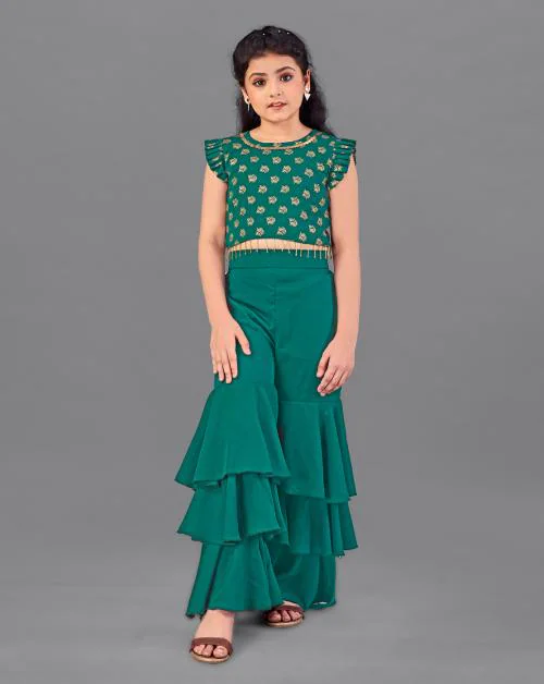 Fashion Dream Girls Rama Foil Printed Crepe Crop Top And Sharara Set | Girls Ethinc Set | Kids Wear | Ethnic Wear