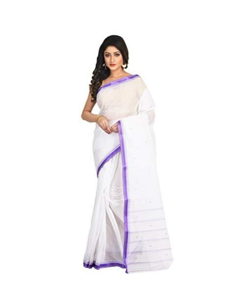 Raj Saree House Women's Traditional Pure Cotton Bengali Handloom Tant Saree - Without Blouse Piece (White)