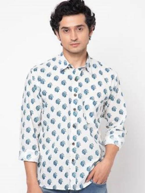 WOLVO Men Printed Casual white ,blue shirt