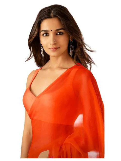 Sidhidata Women's Plain Pure Georgette Saree With Unstitched Blouse Piece (Rocky Aur Rani Ki Prem Kahani Alia Bhatt Saree) Dark Orange