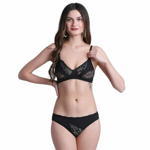 Bra & Panty Set Solid Black Lingerie Set