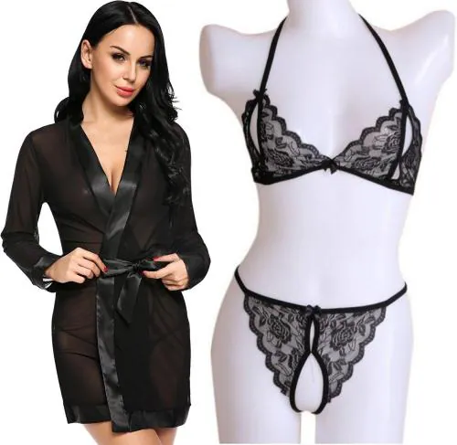 Iyaracollection Women Black Lace Lace, Net Robe And Lingerie Set