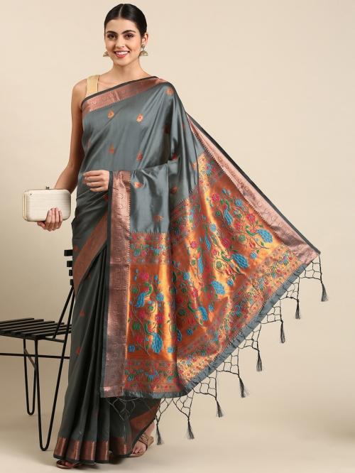 PANZORA Women Grey Self Design Silk Blend Paithani Saree with Unstitched Blouse Piece