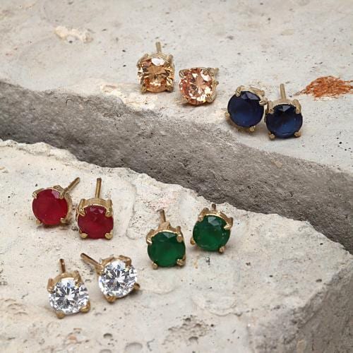 ZENEME Pair Of 5 Gold-Plated Brass American Diamond Studded Multicolor Stud Earrings Set for Women & Girls