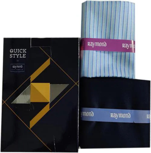 Raymond Men Light Blue, White, Black Striped, Solid Cotton Shirt And Trouser Fabric