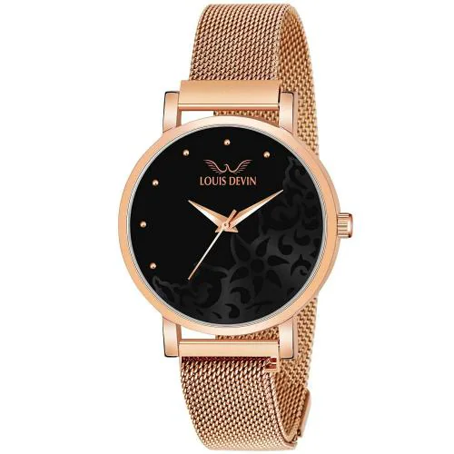 LOUIS DEVIN Analog Black Dial Rose Gold Plated Mesh Chain with Magnetic Lock Starp Wrist Watches for Women (LD-RG154-BLK)