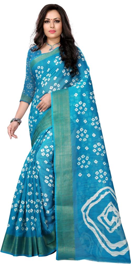 Harpita Women Light Blue Printed Cotton Blend Bandhani Saree