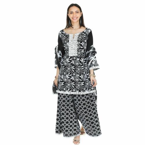COTTANZA Handmade Women's Pure Cotton Black Kurti & White Kurti - Pants & Dupatta