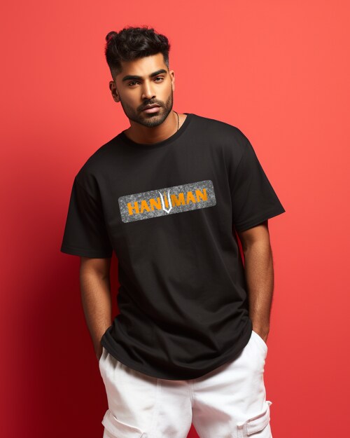 Prabhubhakti Men's Oversized Shree Hanuman Ji Printed Black T-Shirt |Drop Shoulder Pure Cotton Oversized Tshirt for Men-XL