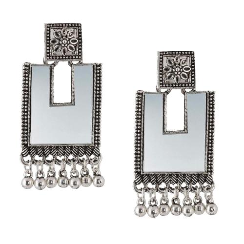 Bodha - By Shivansh 925 Oxidised Silver Afghani Mirror Chandbali Earrings For Women