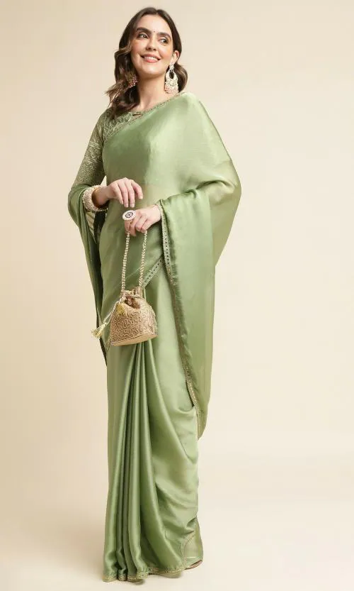 Rekha Maniyar Women's Solid Satin Chiffon Light Green Saree With Unstitched Embroidered Blouse Piece