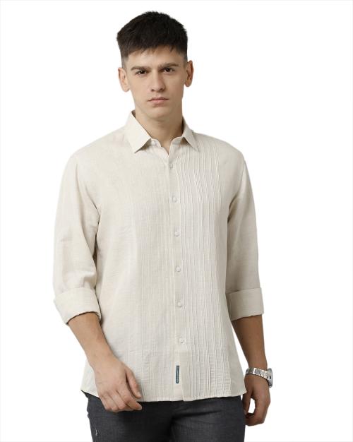 Linen Club Men's Pure Linen Natural / Brown Solid Regular Fit Full Sleeve Casual Shirt