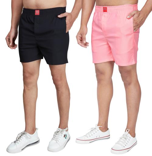 Pack of 2, Shocking Pink & Raven Black Coloured 4 Way Lycra Boxer Shorts For Men - M