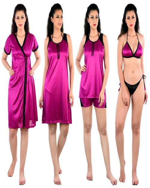 Women's Night Dress and Nighties Pink Satin Nightwear 6pc Robe & Nighty Set