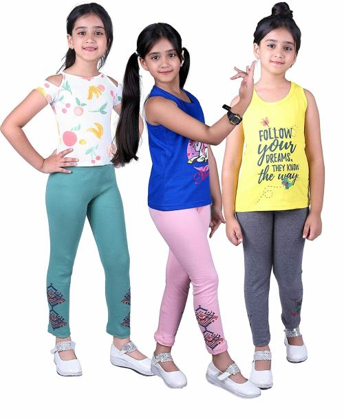 TotzTouch Girls Multicolour Geometric Print Cotton Combo Pyjamas (Pack of 3)